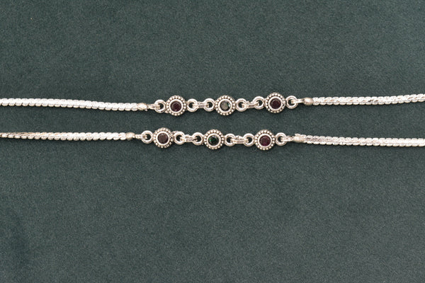 Minimalist silver fancy oxidised gemstones anklets - SG421