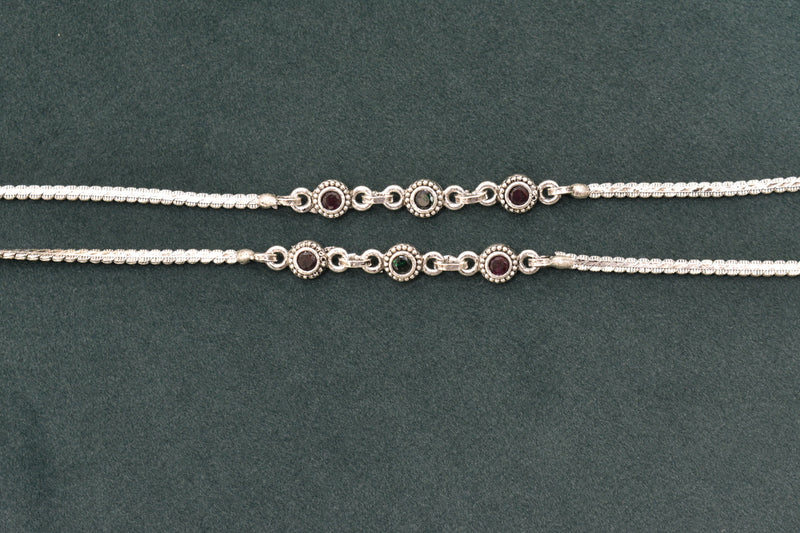Minimalist silver fancy oxidised gemstones anklets - SG421